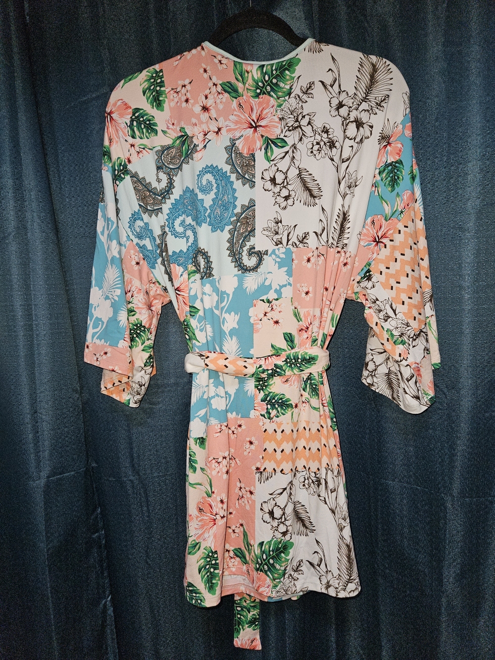 Floral Patchwork Short Robe - Peach & Blue - Picture 3 of 3
